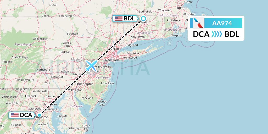 AA974 American Airlines Flight Map: Washington to Windsor Locks