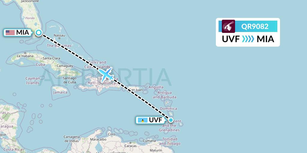 QR9082 Qatar Airways Flight Map: Vieux Fort to Miami