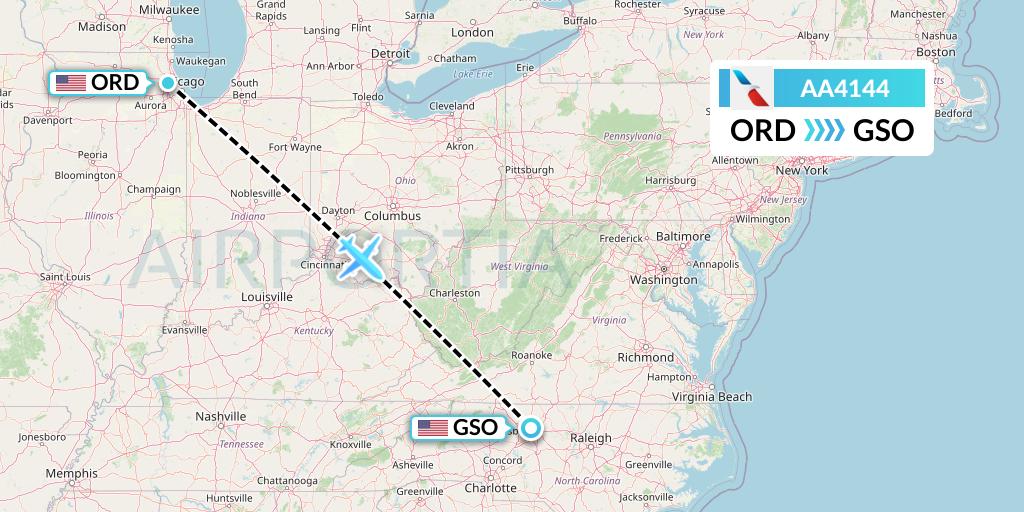 AA4144 American Airlines Flight Map: Chicago to Greensboro