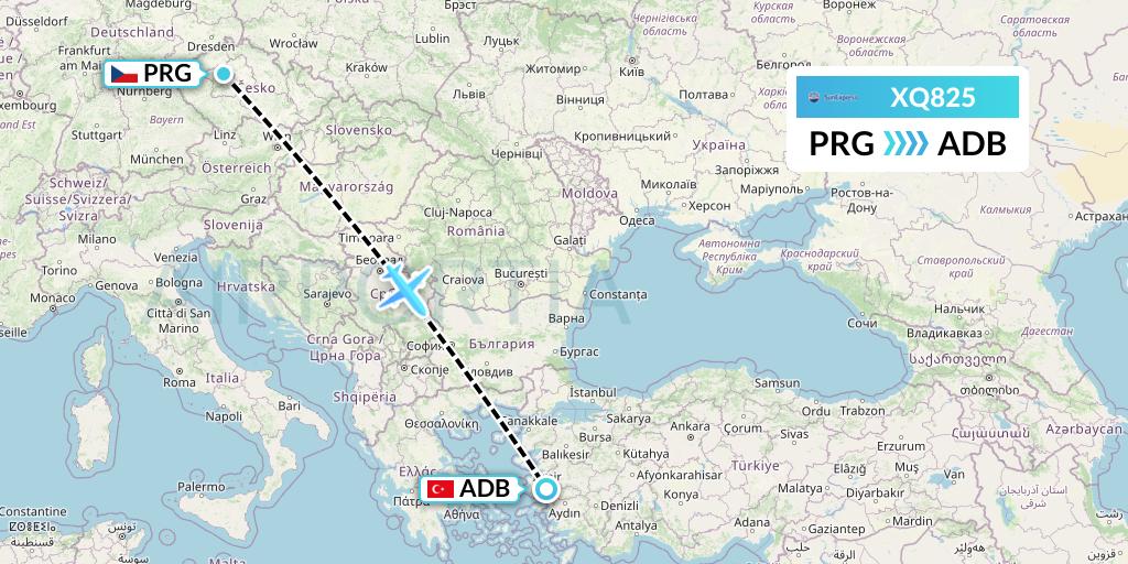 XQ825 SunExpress Flight Map: Prague to Izmir
