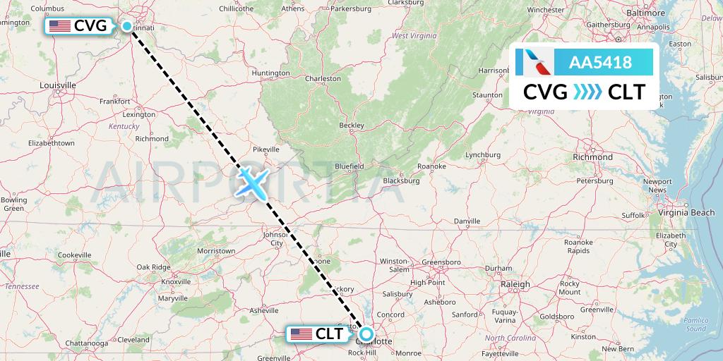 AA5418 American Airlines Flight Map: Cincinnati to Charlotte