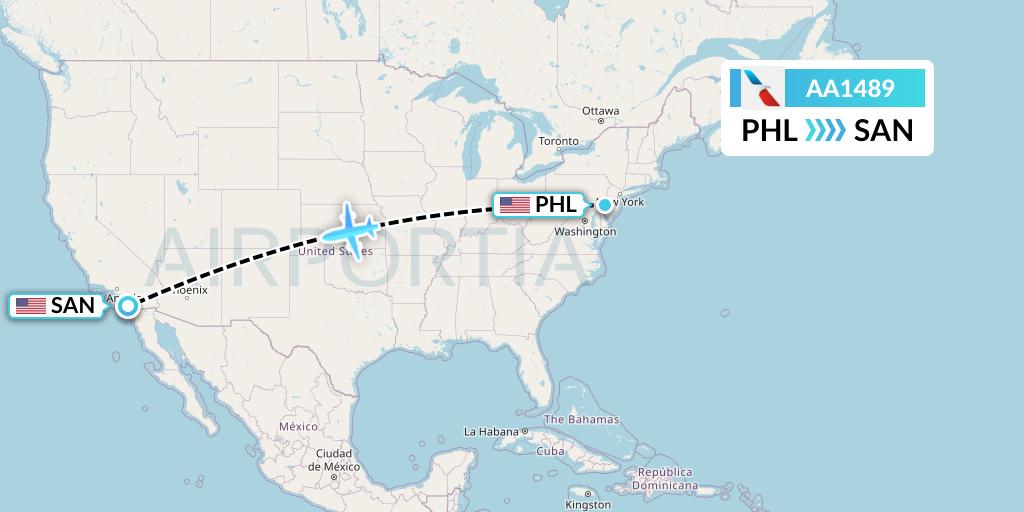 AA1489 American Airlines Flight Map: Philadelphia to San Diego