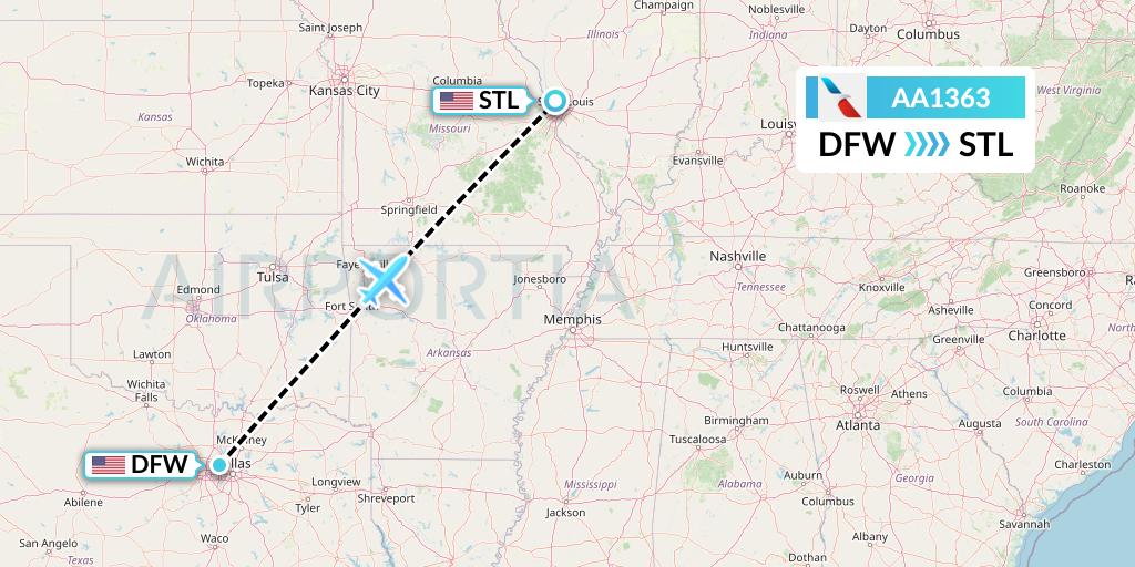AA1363 American Airlines Flight Map: Dallas to St. Louis