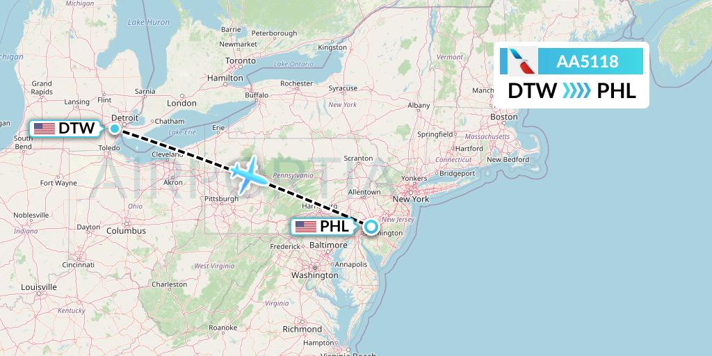 AA5118 American Airlines Flight Map: Detroit to Philadelphia