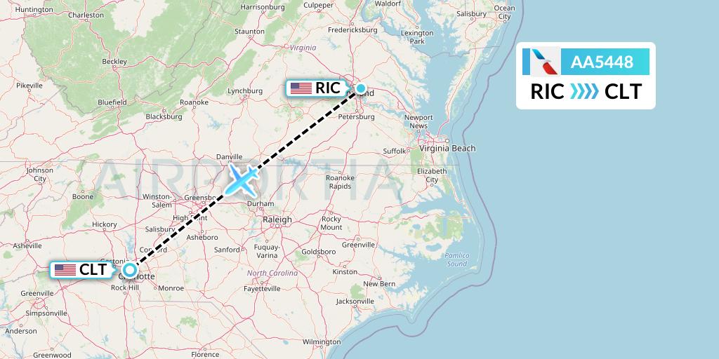 AA5448 American Airlines Flight Map: Richmond to Charlotte