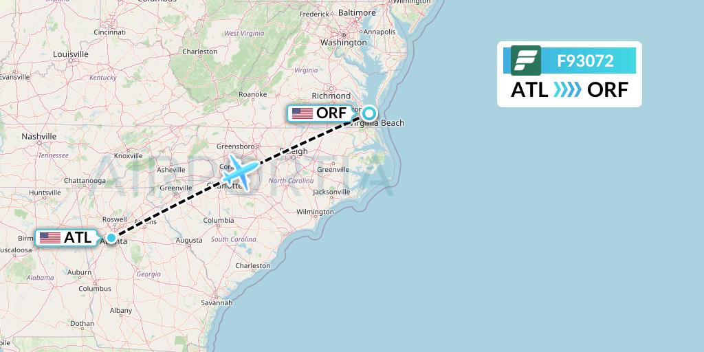 F93072 Frontier Airlines Flight Map: Atlanta to Norfolk