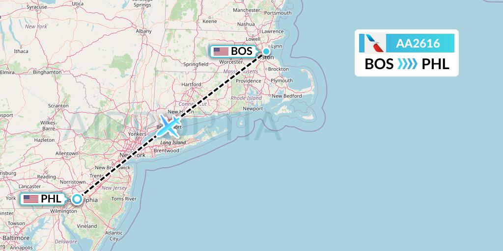 AA2616 American Airlines Flight Map: Boston to Philadelphia