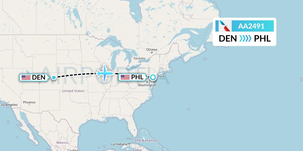 AA2491 American Airlines Flight Map: Denver to Philadelphia