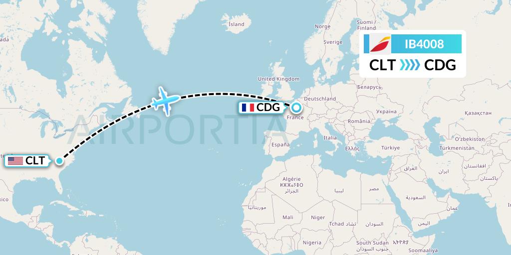 IB4008 Iberia Flight Map: Charlotte to Paris