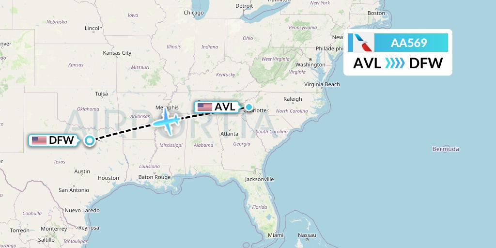AA569 American Airlines Flight Map: Asheville to Dallas
