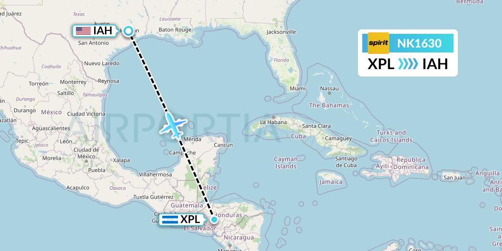 NK1630 Spirit Airlines Flight Map: Comayagua to Houston