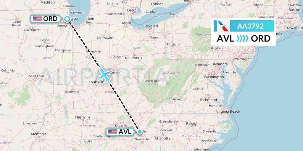 AA3792 American Airlines Flight Map: Asheville to Chicago