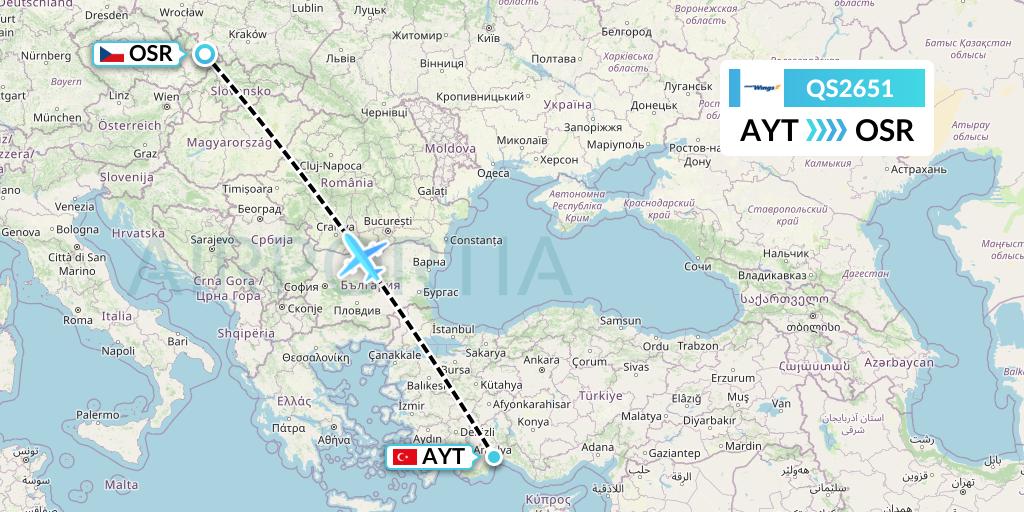 QS2651 Smartwings Flight Map: Antalya to Ostrava