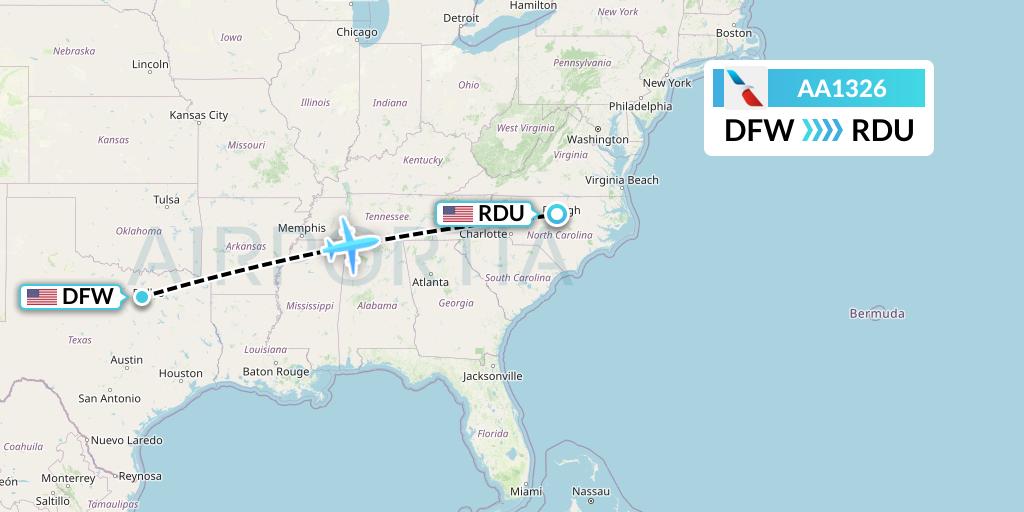 AA1326 American Airlines Flight Map: Dallas to Raleigh-Durham