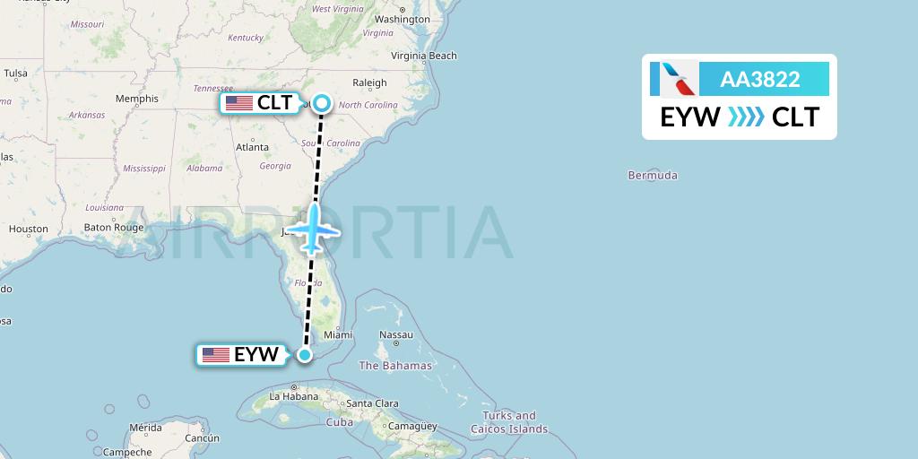 AA3822 American Airlines Flight Map: Key West to Charlotte