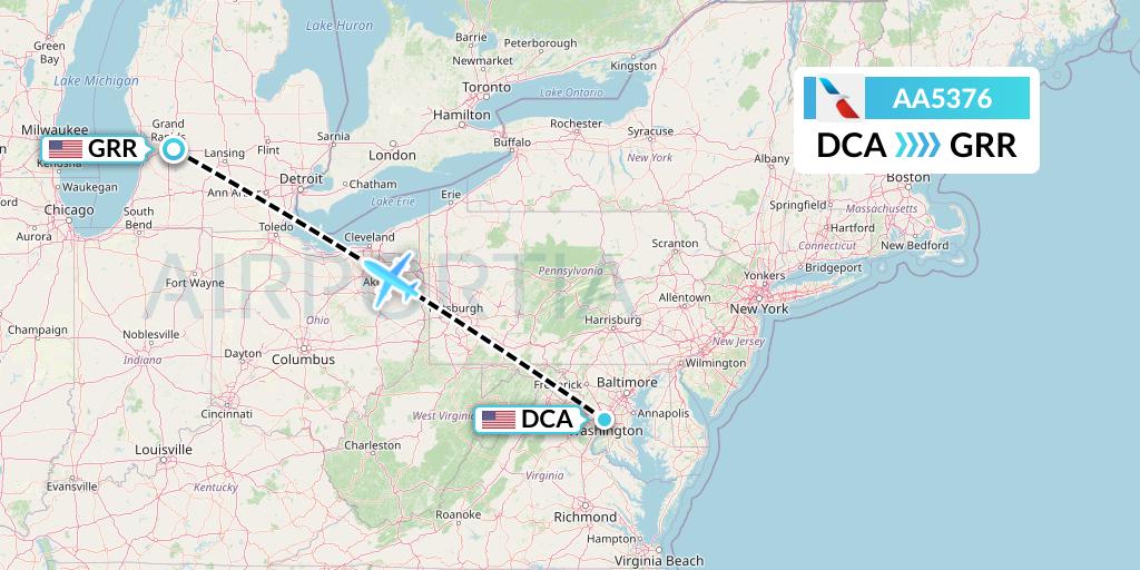 AA5376 American Airlines Flight Map: Washington to Grand Rapids