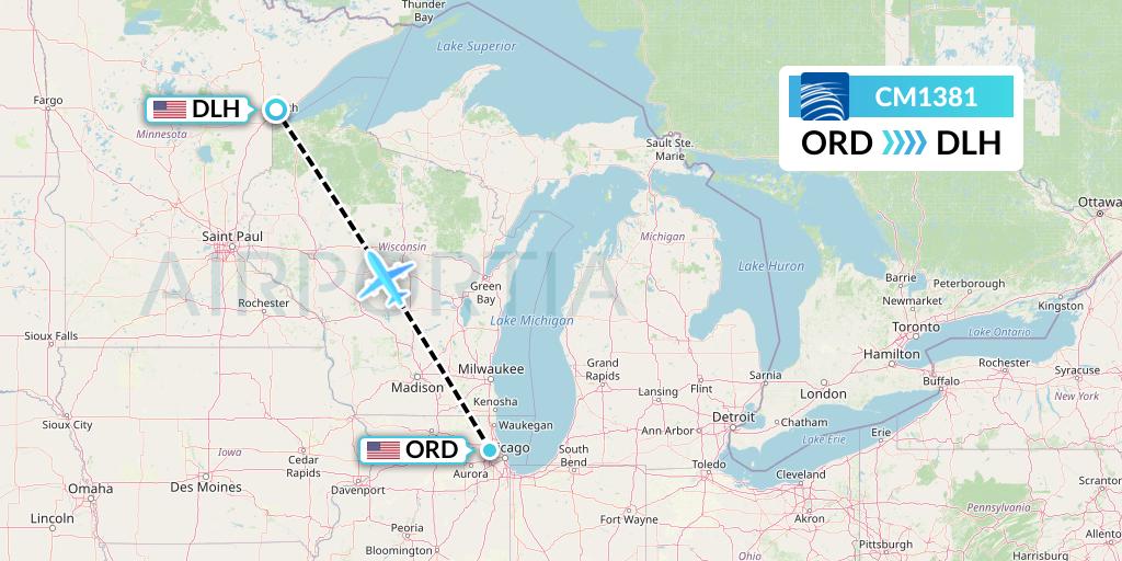 CM1381 Copa Airlines Flight Map: Chicago to Duluth
