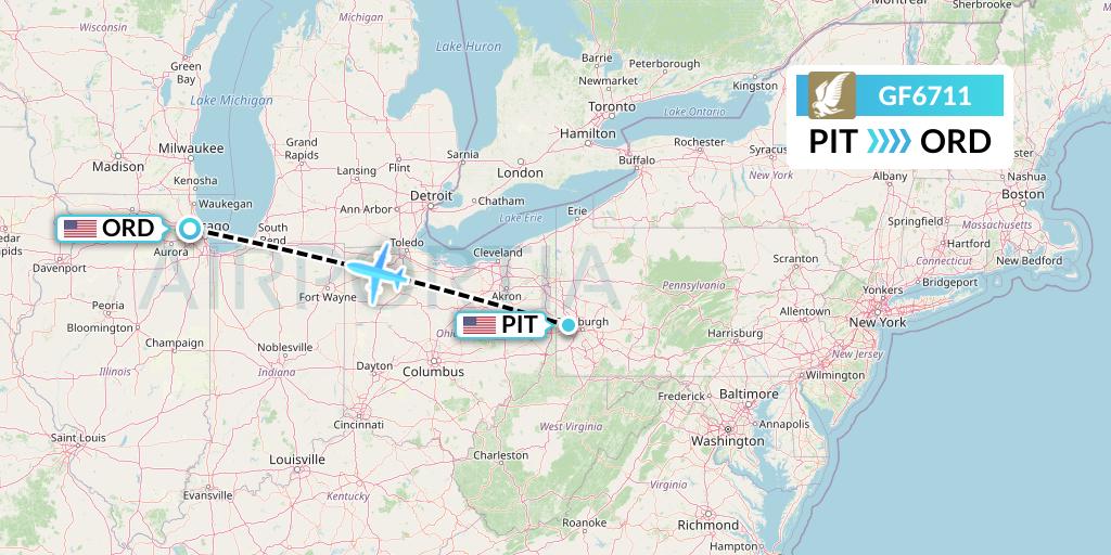 GF6711 Gulf Air Flight Map: Pittsburgh to Chicago
