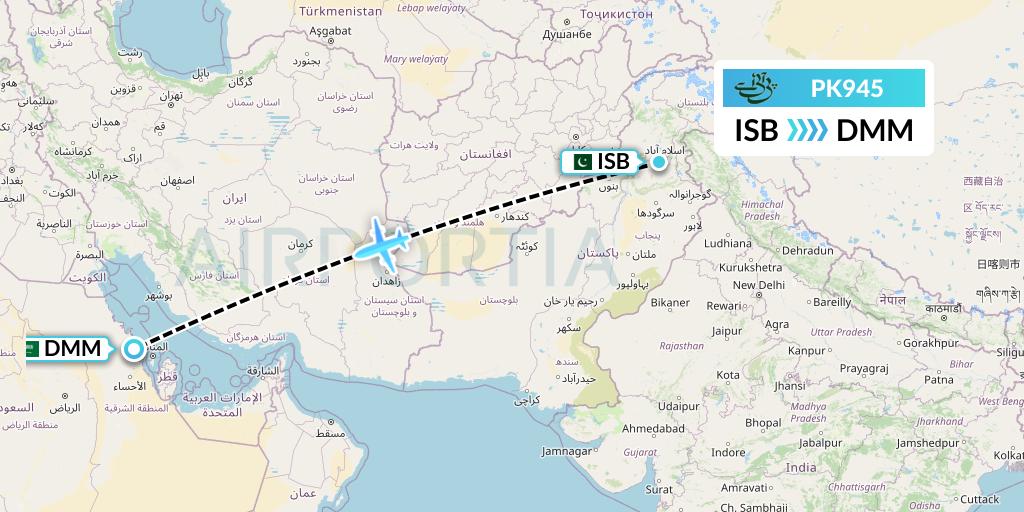PK945 Pakistan International Airlines Flight Map: Islamabad to Dammam