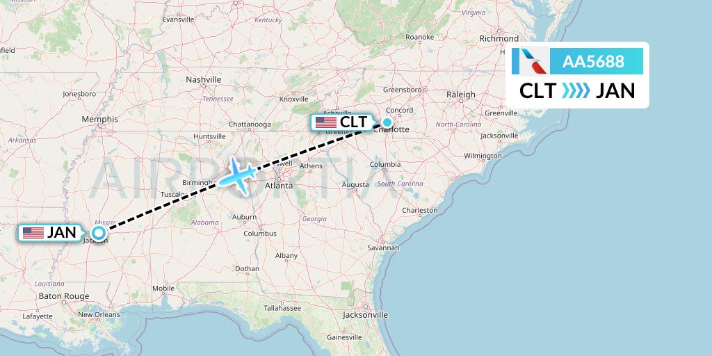 AA5688 American Airlines Flight Map: Charlotte to Jackson
