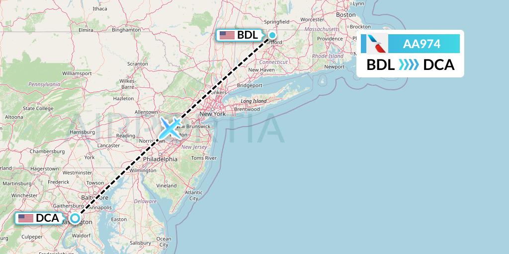 AA974 American Airlines Flight Map: Windsor Locks to Washington