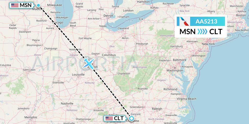 AA5213 American Airlines Flight Map: Madison to Charlotte