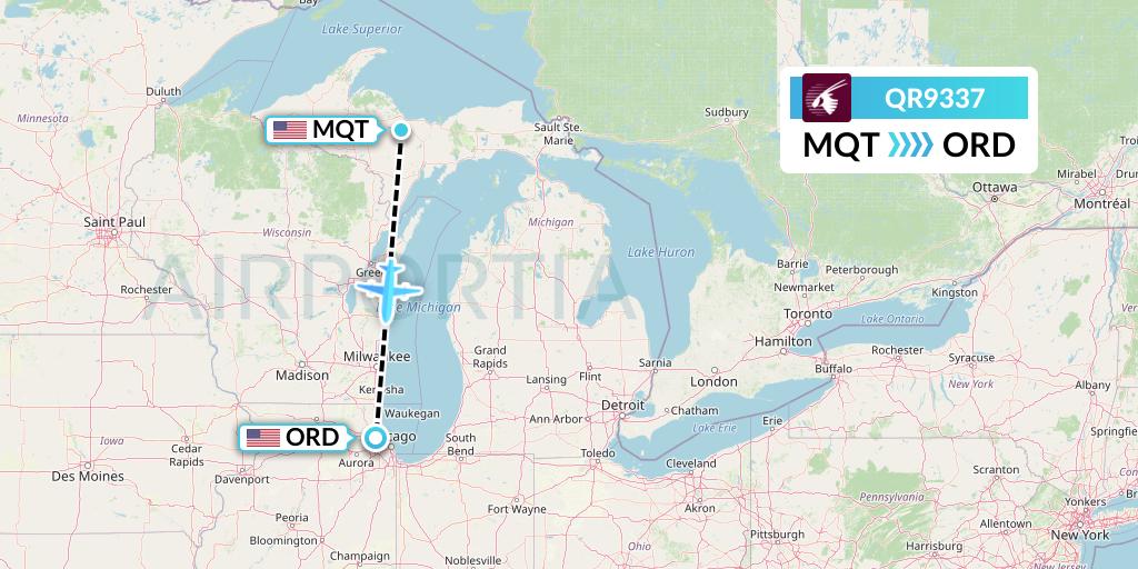 QR9337 Qatar Airways Flight Map: Marquette to Chicago