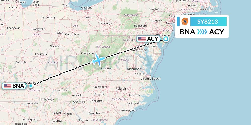SY8213 Sun Country Airlines Flight Map: Nashville to Atlantic City