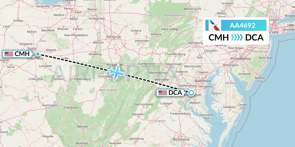 AA4692 American Airlines Flight Map: Columbus to Washington