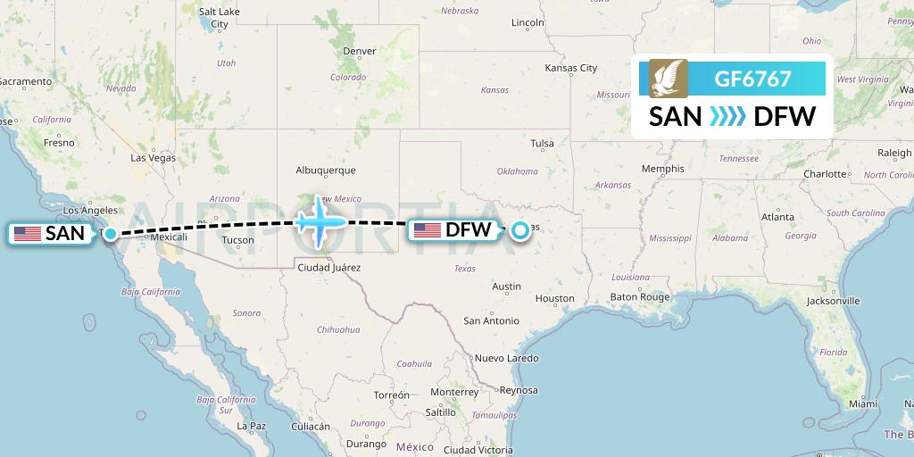 GF6767 Gulf Air Flight Map: San Diego to Dallas