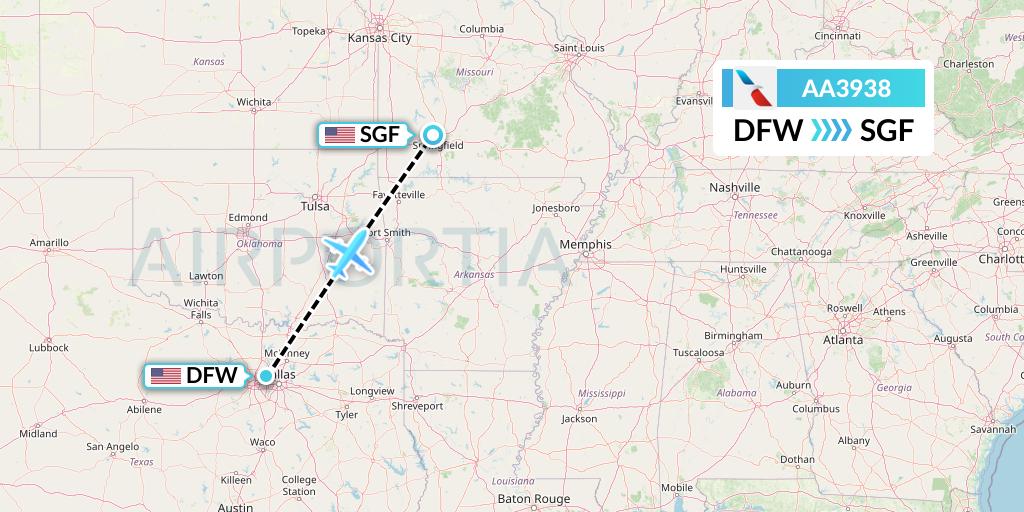 AA3938 American Airlines Flight Map: Dallas to Springfield