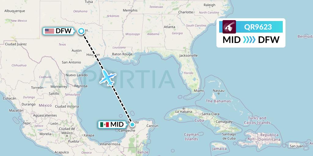 QR9623 Qatar Airways Flight Map: Merida to Dallas