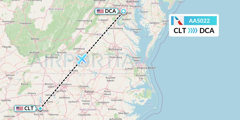 AA5022 American Airlines Flight Map: Charlotte to Washington
