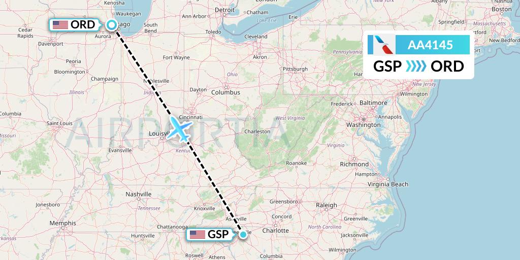 AA4145 American Airlines Flight Map: Greenville-Spartanburg to Chicago