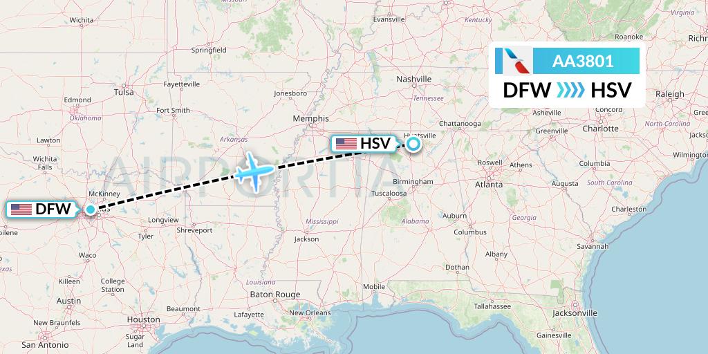 AA3801 American Airlines Flight Map: Dallas to Huntsville