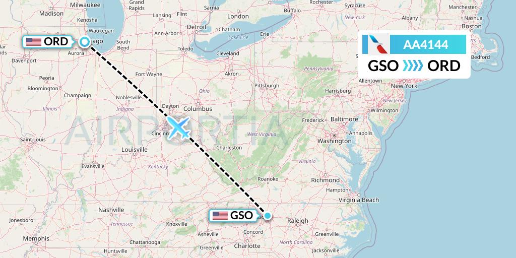 AA4144 American Airlines Flight Map: Greensboro to Chicago