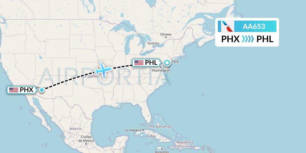 AA653 American Airlines Flight Map: Phoenix to Philadelphia