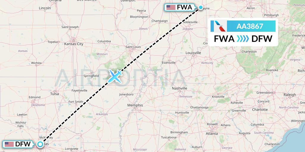 AA3867 American Airlines Flight Map: Fort Wayne to Dallas