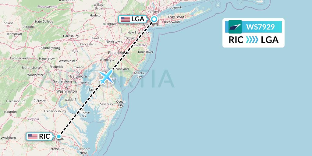 WS7929 WestJet Flight Map: Richmond to New York