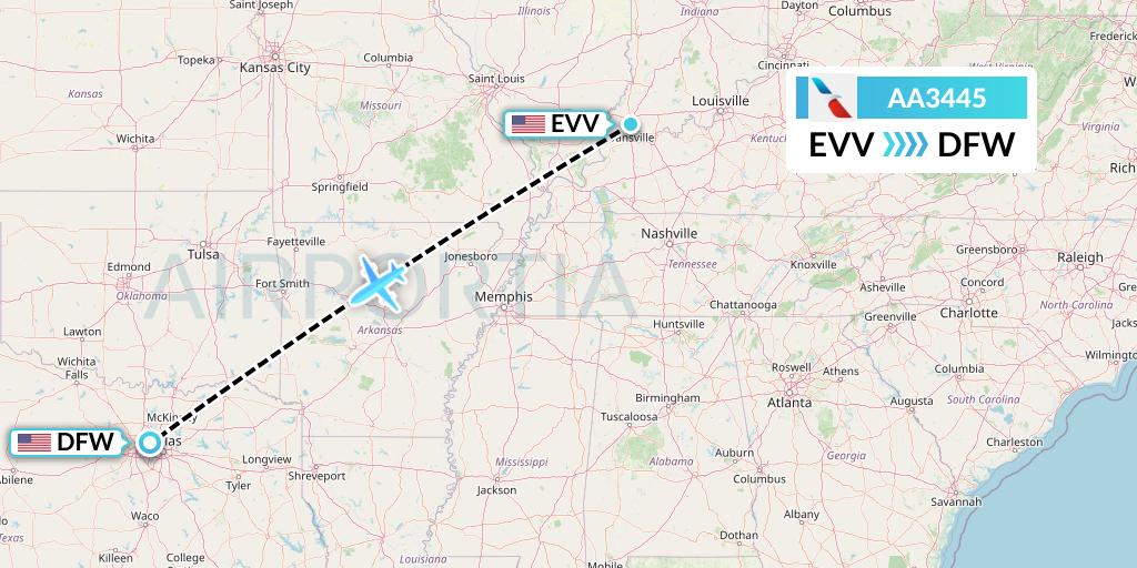 AA3445 American Airlines Flight Map: Evansville to Dallas