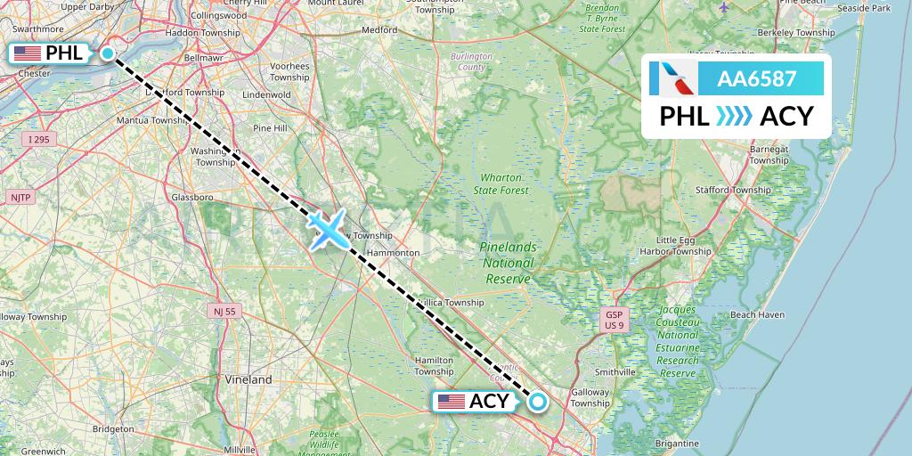AA6587 American Airlines Flight Map: Philadelphia to Atlantic City
