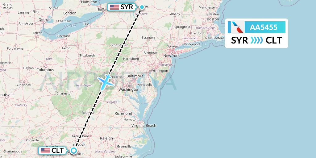 AA5455 American Airlines Flight Map: Syracuse to Charlotte
