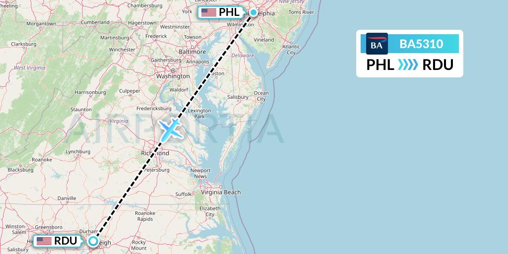 BA5310 British Airways Flight Map: Philadelphia to Raleigh-Durham