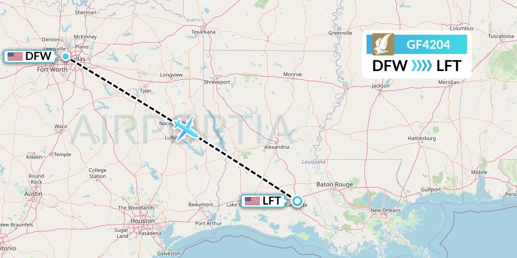 GF4204 Gulf Air Flight Map: Dallas to Lafayette
