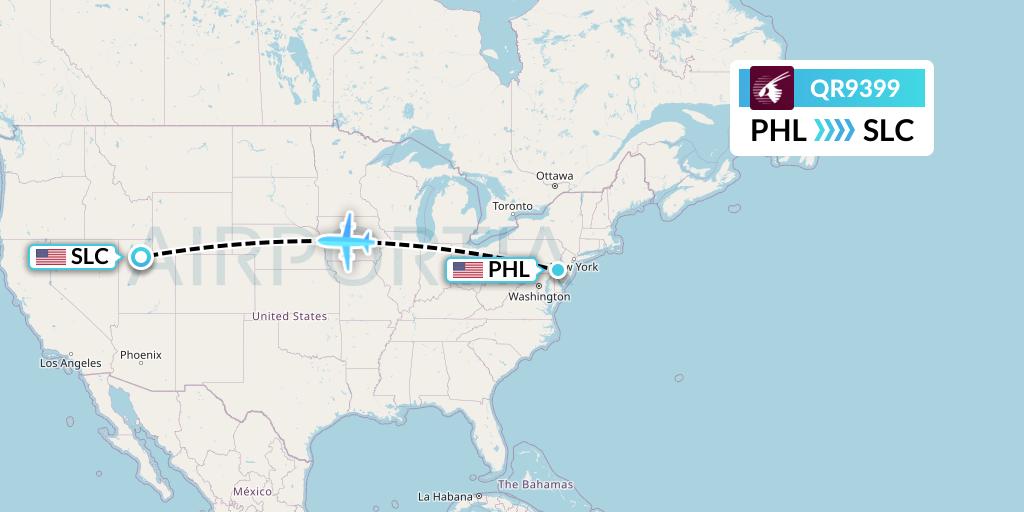 QR9399 Qatar Airways Flight Map: Philadelphia to Salt Lake City