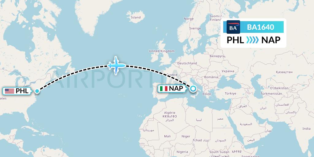 BA1640 British Airways Flight Map: Philadelphia to Naples