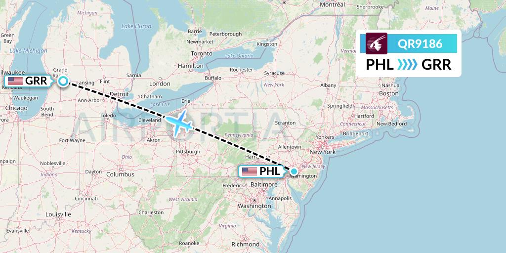 QR9186 Qatar Airways Flight Map: Philadelphia to Grand Rapids