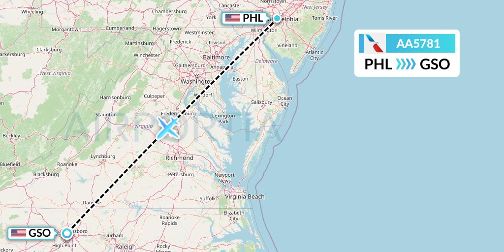 AA5781 American Airlines Flight Map: Philadelphia to Greensboro