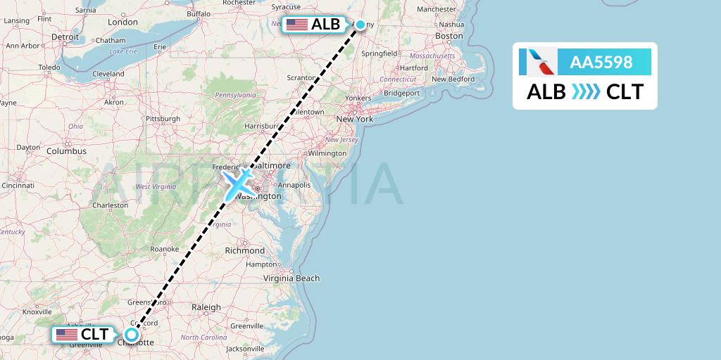 AA5598 American Airlines Flight Map: Albany to Charlotte