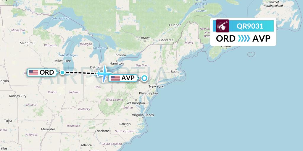 QR9031 Qatar Airways Flight Map: Chicago to Avoca